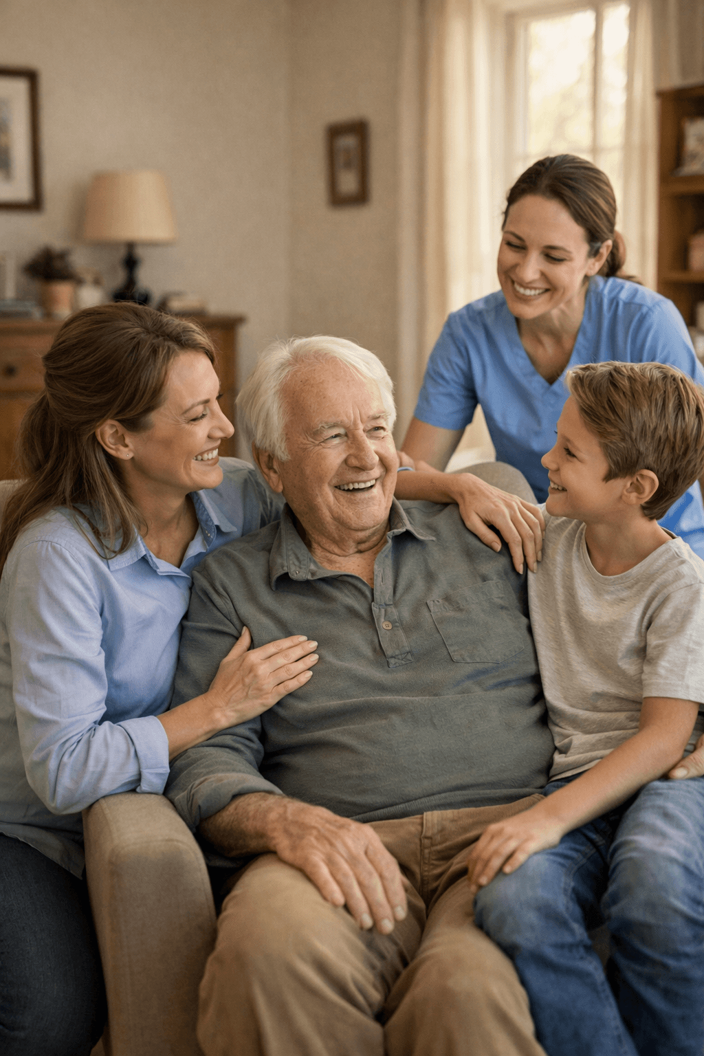 Happy family with elderly parent at home